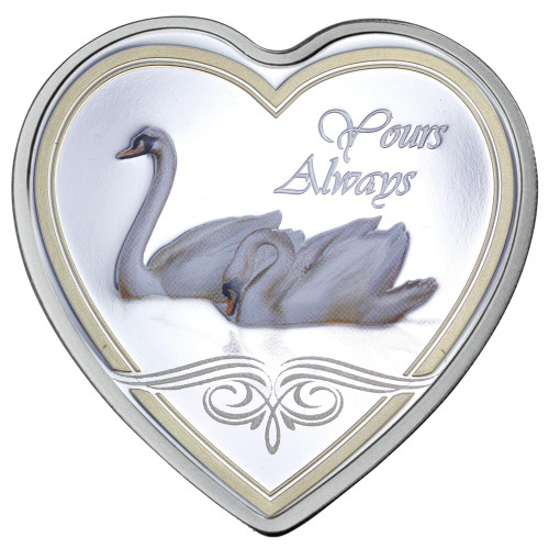 Messages of Love - 2013 Yours Always Swan Heart 20g Silver Heart-Shaped Coloured Proof Cook Islands Coin - Reverse