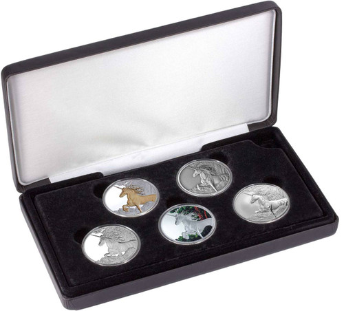 Unicorn 1oz Typeset Collection of Tokelau Coins.  Five pure silver coins in different finishes in a limited edition set.