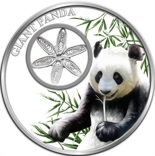 Giant Panda 1oz Silver Tokelau Coin with silver filigree insert