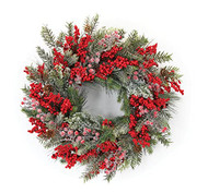 WREATH FROSTED PINE W/ RED FOAM BERRIES 24"