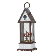 WATER-GLOBE LED LIGHT BIRDHOUSE WITH RED BIRDS ON BRANCH 11.5"