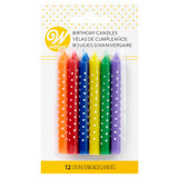 CANDLES MULTI COLORED W/ WHITE DOTS 12 CT