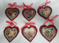 ORNAMENT HEART WITH POST CARD IMAGES PINKED EDGES 3"