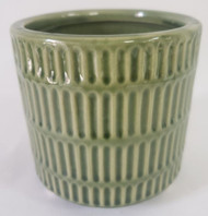 VASE CONTAINER FOOTED RIBBED GREEN 3.75" W 4"H