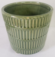 VASE CONTAINER CERAMIC RIBBED GREEN 6.25"H 6"W