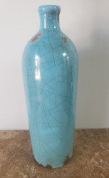 BOTTLE VASE BLUE CERAMIC CRACKLES 11"