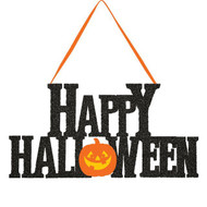 SIGN HAPPY HALLOWEEN GLITTER W/ RIBBON HANGER 11"