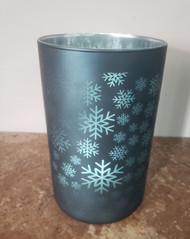 VOTIVE HOLDER CYLINDER VASE BLUE SNOWFLAKE DESIGN 6"