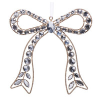 ORNAMENT CLEAR JEWELED BOW GOLD GLITTER 7.25"