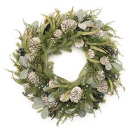 WREATH MIXED PINE PLASTIC/ POLYESTER W/ WHITE PINE CONES 24"