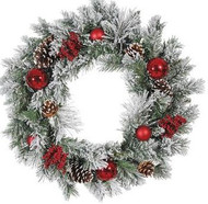 WREATH SNOW PINE W/PINECONES RED BALLS & BERRIES