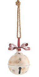 JINGLE BELL WHITE GLITTERED W/ RED BOW ORNAMENT 7.75"