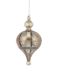 ORNAMENTFINIAL GLASS PLAID  TAUPE / IVORY / CHAMPAGNE GOLD 6.25"