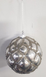 ORN SILVER GLITTERED QUILT DESIGN BALL 4"