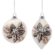 ORN GLASS BALL DROP HOLLY & PINECONE PAINTED 3.5"