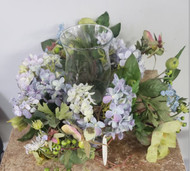 HURRICANE VASE WITH BLUE SILK FLOWERS 14"