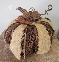 PUMPKIN TWIGS / BURLAP W/METAL LEAVES 9"