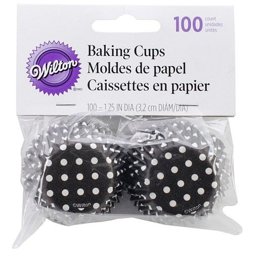 BAKING CUPS MINI BLACK DOTS 100 CT