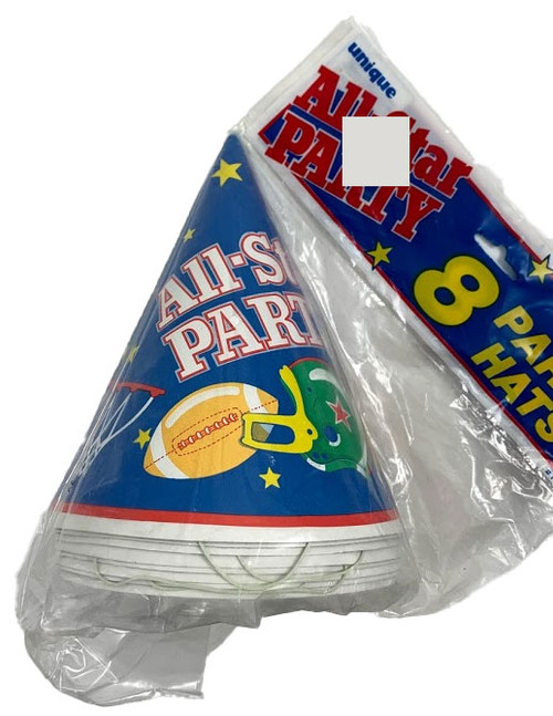 All- Star Party Hats with elastic bands. 8 count per package. Has Baseball, Basketball, Football and Soccer ball designs.