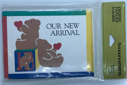 New Arrival Baby Blocks Design Baby  Birth Announcements. 8 Fold- over cards and 8 Envelopes. Inside message headings" Name Date of birth, Weight and Parents.