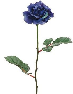 Open Rose in Blue. Approx. 23 in. tall stem. The Dark Royal blue head is approx. 3.5 in. diameter.