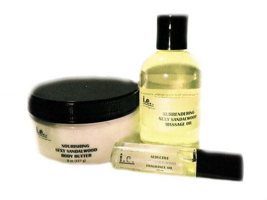 SCENT-SATIONAL SET:   This set consists of four items including our Nourishing Body Butter 8 oz., Surrendering Massage Oil 4 fl. oz., Seductive Fragrance Oil .10 ml., and Scented Sachet Bag.   Suitable for women, children, and men.
