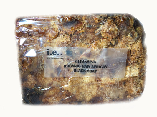 CLEANSING ORGANIC RAW AFRICAN BLACK SOAP:  THIS IS THE ONLY PRODUCT THAT IS NOT FORMULATED BY I.E. SPA INDULGENCES.  This soap was purchased from a wholesale distributor that specializes in pure african products that are made in Ghana.  We handcut these blocks of soap from a 10lb slab.  Each is cut slightly different so the size and shape differs by bar.  This soap is formulated with the skins of the Plantain fruit by roasting it in a clay oven to achieve a particular color, texture and fragrance. It is then mixed with palm oil and palm kernal oil, and shea butter.  We packaged the soap in a clear soap box.  It can be used on your body or your face.  If using only on your face, cut off a small amount of the bar and keep the remainder of the bar sealed to preserve the bar. The bar will harden when exposed to air.  Size:  The average weight of each bar is 7-8oz.