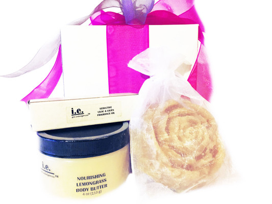IESI GIFT SET:  We picked these items especially for you.  This gift set is a favorite at our events.  They are pre-packaged to ship immediately for daily use.  The scents compliment one another.  This gift set consists of 3 items, beautifully wrapped in an organza bag.  Receive one each of the following items:  (1) Nourishing Body Butter (4 oz);  (1) Handmade Soap (Small or Medium oz); (1) Seductive Fragrance Oil (.15 ml.); (1) Organza Bag
WHILE SUPPLIES LAST.  LIMITED TIME ONLY.   SPECIAL OFFER:  FREE GIFT BAG.