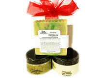 PURE JOY 4oz GIFT SET:  This set was put together for our customers to cleanse, exfoliate, and moisturize.  This gift set consists of 3 items, beautifully wrapped in an organza bag.  Receive one each of the following items:  (1) Nourishing Body Butter (4 oz); (1) Handmade Soap (Large 7 oz); (1) Stimulating Sugar Scrub (5.5 oz).  Customers:  FOR EXTERNAL USE ONLY.  Click on the images for detailed descriptions for each item included in this pack.   See our other I.E. Spa Indulgences Gift Sets.  Although natural and organic ingredients are used, it is possible for customers with sensitive skin or allergies to have a reaction to scents or nut butters used.  Always do a skin test on the inside of your forearm to ensure you do not have an adverse reaction to the product.