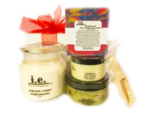 BATHROOM ESSENTIALS I GIFT SET:  These items are some of our customer's favorites to relax in the bathroom.  Select your favorite scent or use this as an opportunity to sample a variety of scents.  Receive one each of the following items:  (1) Handmade Soap (Select one of our popular scents);  (1) Nourishing Body Butter (4 oz) (Select one of our popular scents);  (1) Seductive Fragrance Oil (.15ml) (Select one of our popular scents);  (1) Serenity Scented Candle (16 oz) (Select one of our popular scents);  (1) Stimulating Sugar Scrub (8 oz) (Select one of our popular scents);  and (1) Wooden Scoop.  Customers:  FOR EXTERNAL USE ONLY.  Click on the images for detailed descriptions for each item included in this pack.   See our other I.E. Spa Indulgences Gift Sets.  Although natural and organic ingredients are used, it is possible for customers with sensitive skin or allergies to have a reaction to scents or nut butters used.  Always do a skin test on the inside of your forearm to ensure you do not have an adverse reaction to the product.