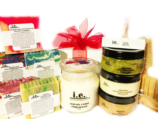 PRETTY PAMPERED GIFT SET:  These items are some of our customer's favorites to make you feel pampered all day, everyday!  Select your favorite scent or use this as an opportunity to sample a variety of scents.  Receive one each of the following items:  (1) Balancing Dead Sea Salt Scrub (8 oz) (Select one of our popular scents); (5) Handmade Soaps (Select one of our popular scents); (1) Hydrating Lip Balm (Select one of our popular scents);
(1) Nourishing Body Butter (8 oz) (Select one of our popular scents);  (1) Seductive Fragrance Oil (.15ml) (Select one of our popular scents);  (1) Serenity Scented Candle (16 oz) (Select one of our popular scents);  (1) Stimulating Sugar Scrub (8 oz) (Select one of our popular scents); and (1) Bath Accessories.  Customers:  FOR EXTERNAL USE ONLY.  Click on the images for detailed descriptions for each item included in this pack.   See our other I.E. Spa Indulgences Gift Sets.  Although natural and organic ingredients are used, it is possible for customers with sensitive skin or allergies to have a reaction to scents or nut butters used.  Always do a skin test on the inside of your forearm to ensure you do not have an adverse reaction to the product.