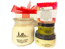 BATHROOM ESSENTIALS III GIFT SET:  These items are some of our customer's favorites to relax in the bathroom.  Select your favorite scent or use this as an opportunity to sample a variety of scents.  Receive one each of the following items:  (1) Handmade Soap (Select one of our popular scents);(1) Nourishing Body Butter (8 oz) (Select one of our popular scents); (1) Seductive Fragrance Oil (.15ml) (Select one of our popular scents); (1) Serenity Scented Candle (16 oz) (Select one of our popular scents); (1) Choose either a (4 oz) Balancing Dead Sea Salt Scrub or a (4 oz) Stimulating Sugar Scrub (Select one of our popular scents); and (1) Wooden Scoop.
Customers:  FOR EXTERNAL USE ONLY.  Click on the images for detailed descriptions for each item included in this pack.   See our other I.E. Spa Indulgences Gift Sets.  Although natural and organic ingredients are used, it is possible for customers with sensitive skin or allergies to have a reaction to scents or nut butters used.  Always do a skin test on the inside of your forearm to ensure you do not have an adverse reaction to the product.