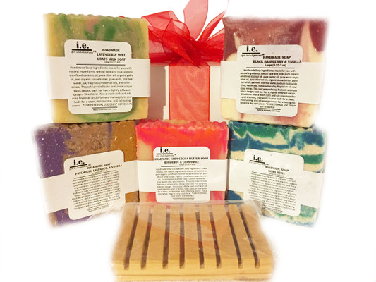 HANDMADE SOAPS: Our all natural soap is made with love.  We chose organic ingredients that are balanced for their cleansing and moisturizing properties.  The soap features a unique block design of hot processed and cold processed soap; each bar has a slightly different design.  Choose the fragrant that best suits your taste.  Directions:  Wet a wash cloth and rub soap together until it lathers, then apply to your body for a clean, moisturizing, and refreshing aroma.  FOR EXTERNAL USE ONLY.  Ingredients: organic unrefined coconut oil, pure olive oil, organic palm oil, pure castor oil, organic cocoa butter, distilled water, sodium hydroxide (lye), fragrance oils, essential oils, and color micas. Some soaps also include shea butter, apricot kernel oil, palm oil, avocado oil, neem seed oil, goats milk, butter milk, beer, pure cacao, oatmeal, lavender petals, chamomile flakes, crushed almonds, green tea powder, green tea leaves, and seaweed powder  SELECT THE SCENT TO SEE ANY ADDITIONAL  INGREDIENTS OR ADDITIVES USED FOR OUR HANDMADE SOAPS.  Size:  Approximately 7 oz depending upon the cut of the soap.  Customers:  Pregnant women should consult their physician before using any products containing certain essential oils. These are natural soaps, which are cured a minimum of six weeks before they are sold. Designs vary by bar. Additional soaps scents become available every two months.  Also see our novelty bars; 5-7 oz.  Soap dish (not pictured); or our Cleansing Soaps.  Soap dish may be purchased separately in Accessories.  Each soap is beautifully packaged. For a lasting bar, keep in a dry cool place.  Do not leave sitting in water.  MADE IN YONKERS, NY