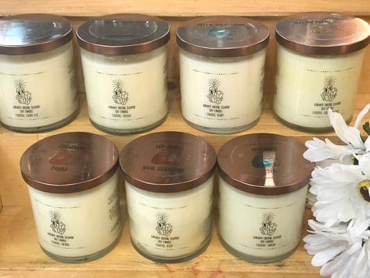 We've completed our line of crystal candles.  Check out the line to see which scent, crystal, and chakra matches your vibe!