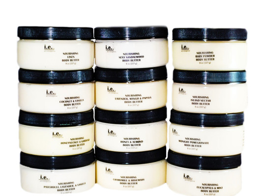 NOURISHING BODY BUTTER: Nourish your body with this buttery goodness.  It is made with the finest natural ingredients that your body will love.  Select your favorite scent.  You will enjoy trying them all.  Ingredients:  Proprietary blend of five natural butters including pure african shea butter, mango butter, monoi butter, cocoa butter, and almond butter, beneficial oils of organic unrefined coconut oil, argan oil, and sweet almond oil; beeswax (in warmer climates), aloe vera, vitamin E, and fragrance and essential oils.  FOR EXTERNAL USE ONLY.  2 oz. travel size and party favor is available for bulk purchase.