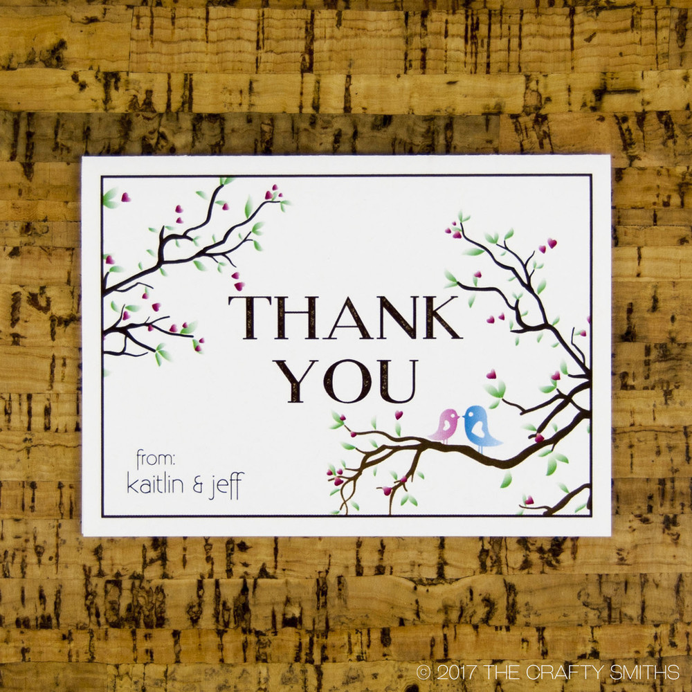 Thank You Card Simple Love Birds Design On Linen Paper