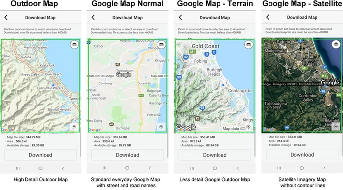 Dogtra Pathfinder 2 GPS Dog Track, Train System &mdash; four map options compared: outdoor, Google normal, terrain and satellite