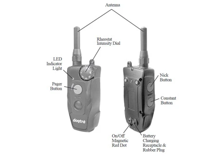 dogtra-200c-tx.jpg Dogtra 200c Dog Training System Transmitter only — labelled transmitter: antenna, rheostat intensity dial, LED indicator, pager, nick and constant buttons, magnetic on/off point and charging receptacle