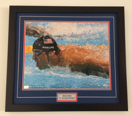 Framed Michael Phelps picture is a great example of how to capture your memories. We can frame your 8x10, 11x14, 16x20, 18x24 or 24x36 sports images with or without nameplates!