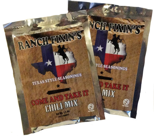 Our COME AND TAKE IT Chili Mix takes chili to an all new level! Comes two to a package and each mix feeds 4-6 hungry cowgirls and cowboys.  For the ultimate chili, buy our Steak Dust seasoning to dust your meat with when browning.  Turn an ordinary meal into Cowboy Cuisine!  

Ciao Y'all! 