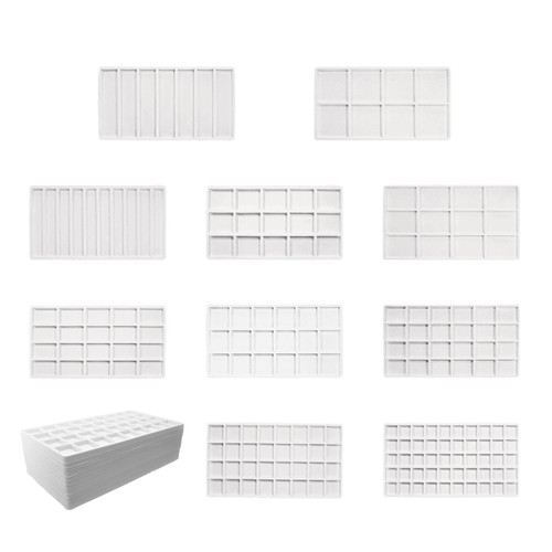 Group Image of the White Flocked Compartment Tray Liners, with all of the compartment variations available.