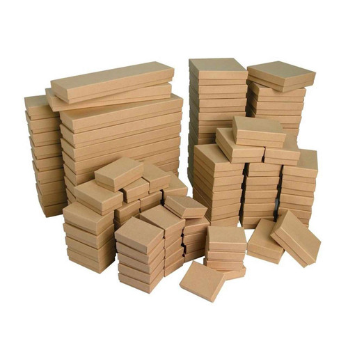 Assortment of the Kraft Brown cotton filled boxes stacked up to demonstrate various box sizes available.
