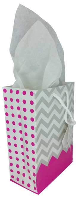 Pink Polka Dot / Chevron Glossy Tote Gift Bag shown from an angle to show polka dots on the side.
