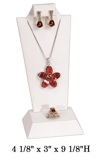 White combination midsize jewelry display stand with Earrings, Necklace and Ring on mounted on stand for display