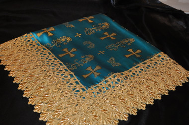 Turquoise Satin Lap Scarf with Gold Crosses and Gold Lace
