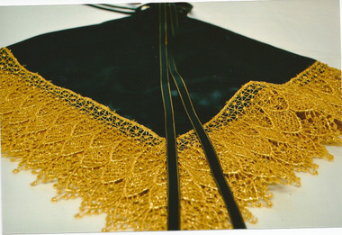 Black Satin Lap Scarf with fingering (optional) and Gold Lace 