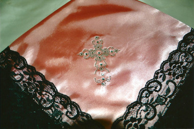 Pink Satin Lap Scarf with Black Lace