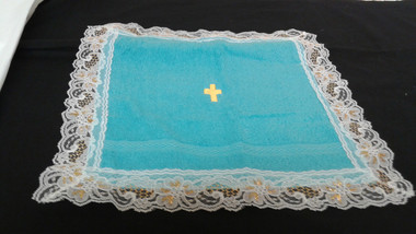 Turquoise Terrycloth with White/Silver Lace and Gold Cross