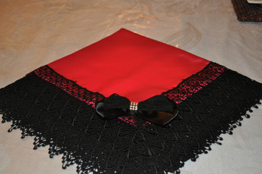 Red Satin Lap Scraf with Black Lace and Rhinestone Center Bow
