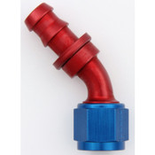 Fitting, Hose End 45 Degree, 6 AN Hose Barb to 6 AN Female, Aluminum, Blue / Red Anodize, Each 